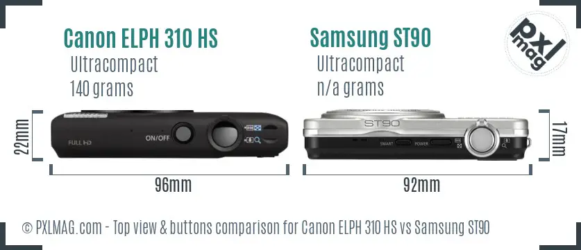 Canon ELPH 310 HS vs Samsung ST90 top view buttons comparison