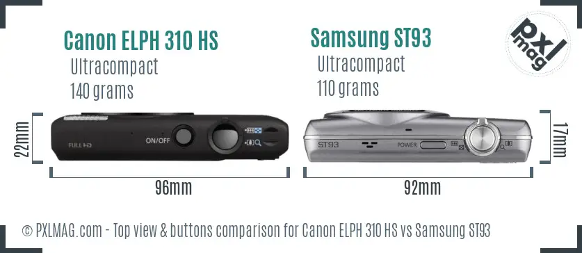 Canon ELPH 310 HS vs Samsung ST93 top view buttons comparison Canon ELPH 310 HS vs Samsung ST93 top view buttons comparison
