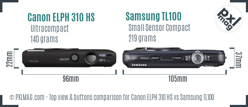Canon ELPH 310 HS vs Samsung TL100 top view buttons comparison