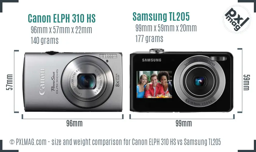 Canon ELPH 310 HS vs Samsung TL205 size comparison