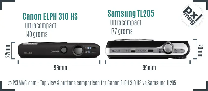 Canon ELPH 310 HS vs Samsung TL205 top view buttons comparison