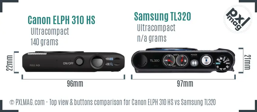 Canon ELPH 310 HS vs Samsung TL320 top view buttons comparison
