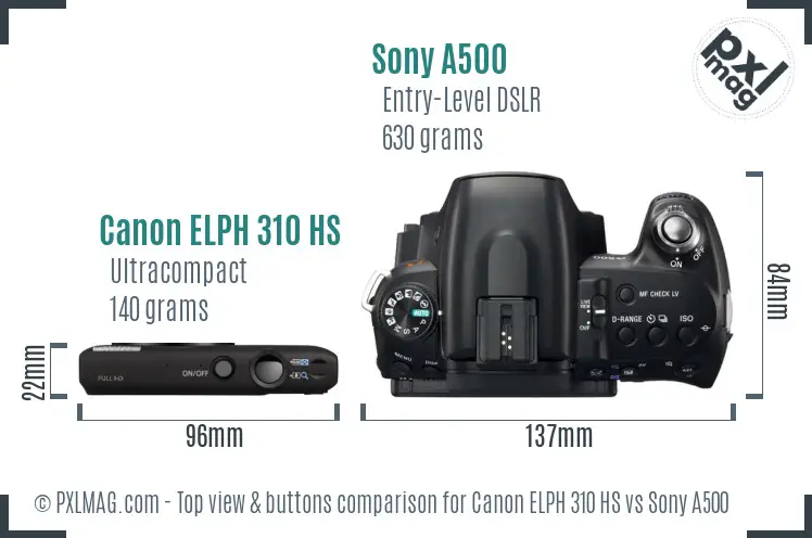 Canon ELPH 310 HS vs Sony A500 top view buttons comparison