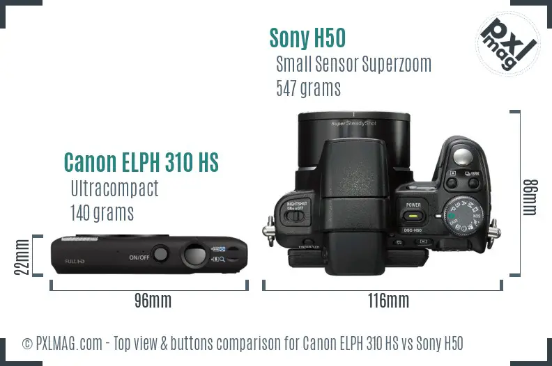 Canon ELPH 310 HS vs Sony H50 top view buttons comparison