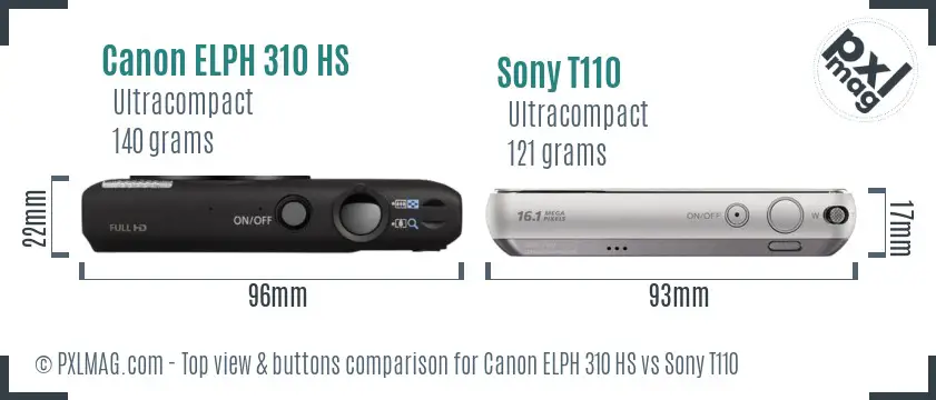 Canon ELPH 310 HS vs Sony T110 top view buttons comparison