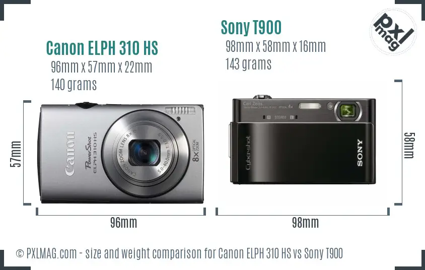 Canon ELPH 310 HS vs Sony T900 size comparison