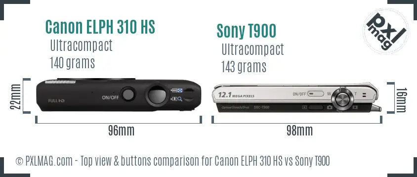 Canon ELPH 310 HS vs Sony T900 top view buttons comparison