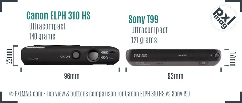 Canon ELPH 310 HS vs Sony T99 top view buttons comparison