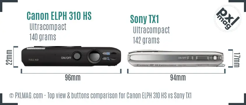 Canon ELPH 310 HS vs Sony TX1 top view buttons comparison