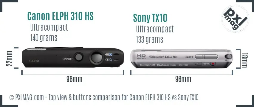 Canon ELPH 310 HS vs Sony TX10 top view buttons comparison