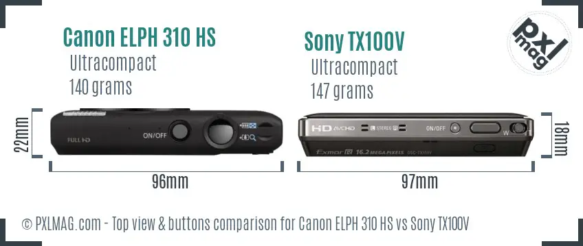 Canon ELPH 310 HS vs Sony TX100V top view buttons comparison
