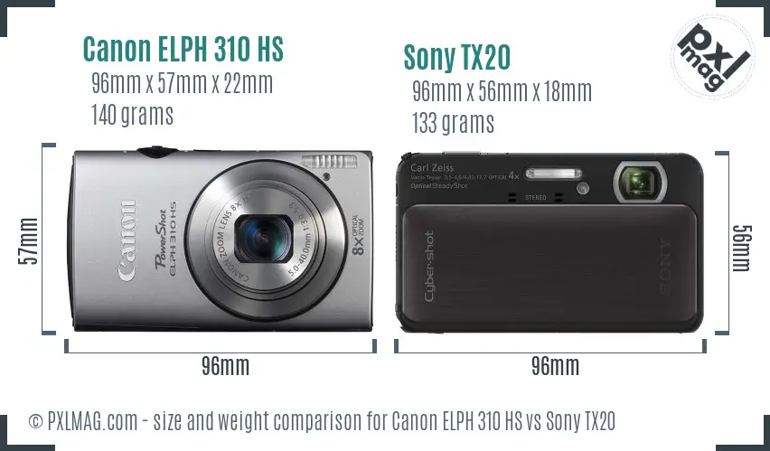 Canon ELPH 310 HS vs Sony TX20 size comparison