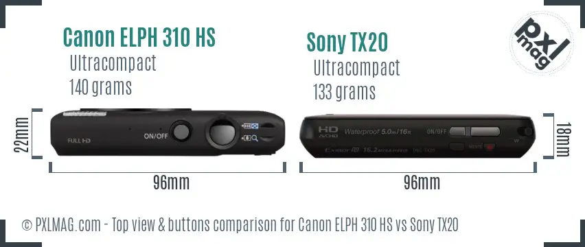 Canon ELPH 310 HS vs Sony TX20 top view buttons comparison