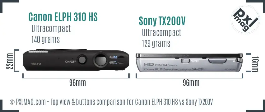 Canon ELPH 310 HS vs Sony TX200V top view buttons comparison