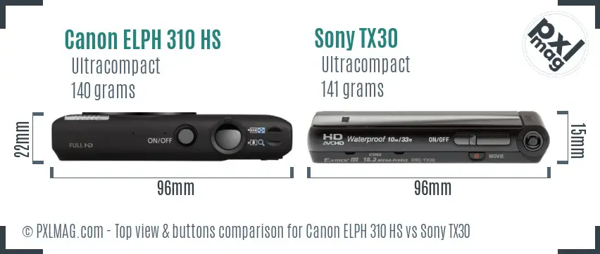 Canon ELPH 310 HS vs Sony TX30 top view buttons comparison