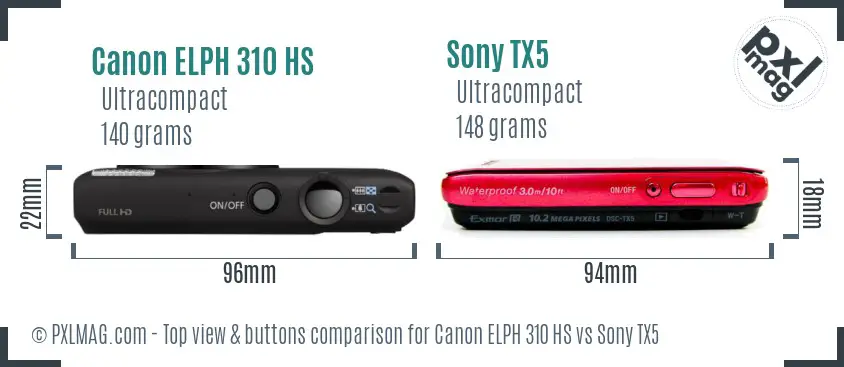 Canon ELPH 310 HS vs Sony TX5 top view buttons comparison
