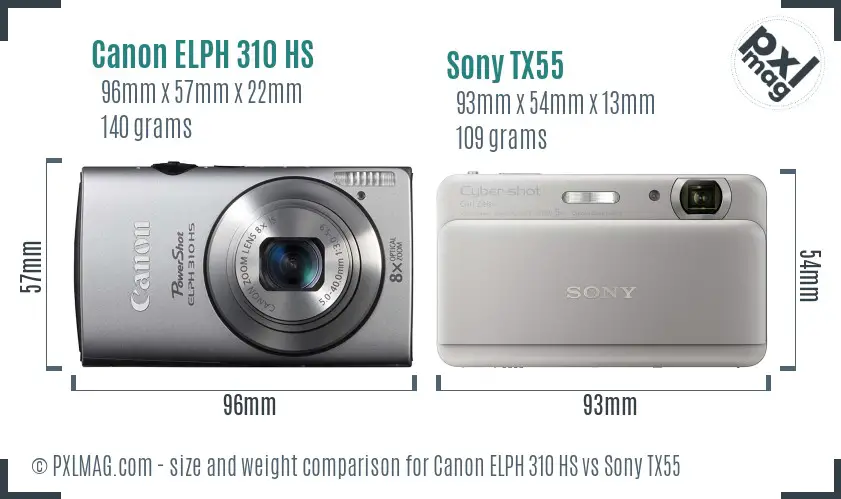 Canon ELPH 310 HS vs Sony TX55 size comparison