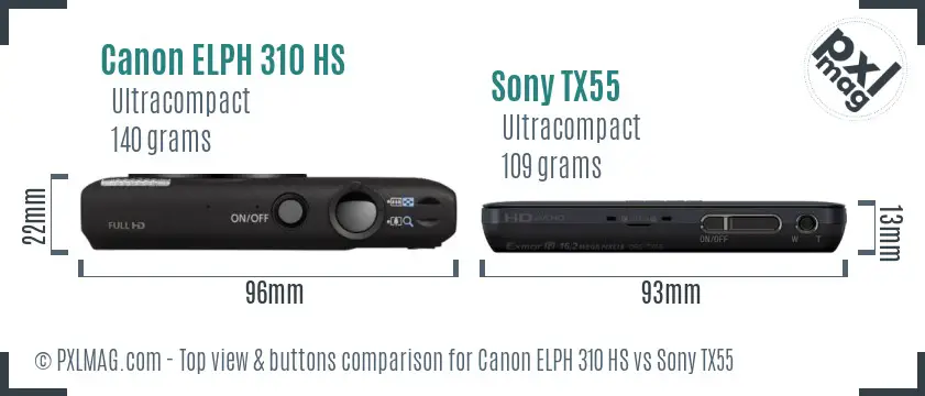 Canon ELPH 310 HS vs Sony TX55 top view buttons comparison