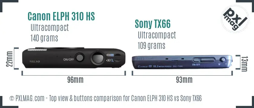 Canon ELPH 310 HS vs Sony TX66 top view buttons comparison
