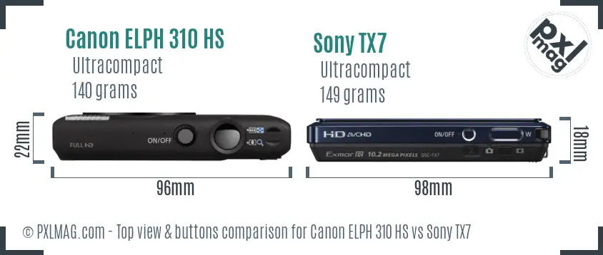 Canon ELPH 310 HS vs Sony TX7 top view buttons comparison