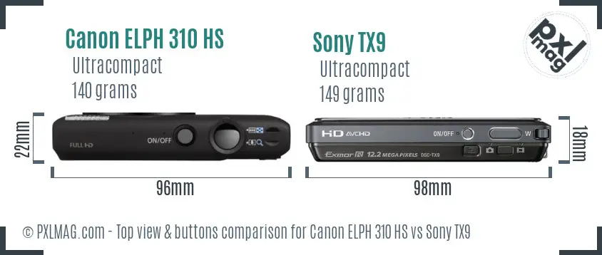 Canon ELPH 310 HS vs Sony TX9 top view buttons comparison Canon ELPH 310 HS vs Sony TX9 top view buttons comparison