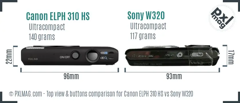 Canon ELPH 310 HS vs Sony W320 top view buttons comparison