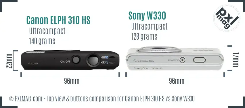 Canon ELPH 310 HS vs Sony W330 top view buttons comparison