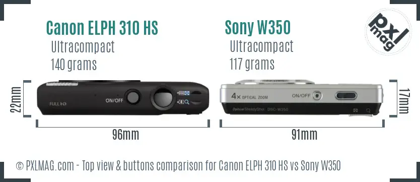 Canon ELPH 310 HS vs Sony W350 top view buttons comparison