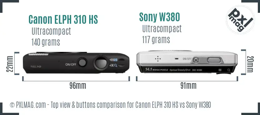 Canon ELPH 310 HS vs Sony W380 top view buttons comparison