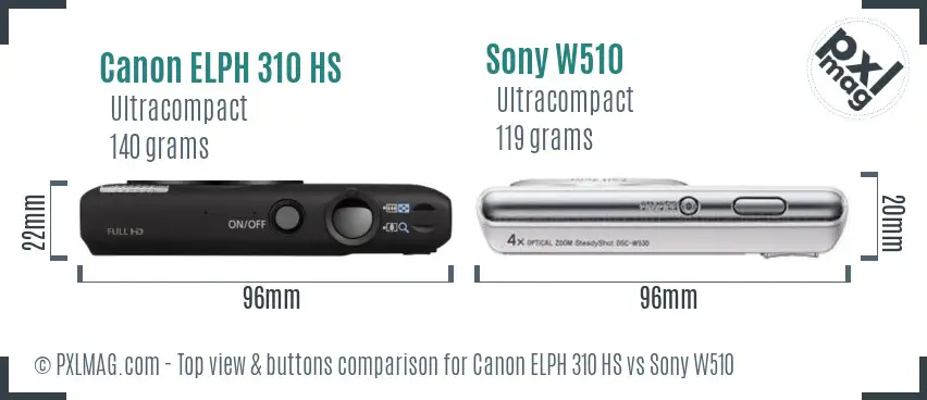 Canon ELPH 310 HS vs Sony W510 top view buttons comparison