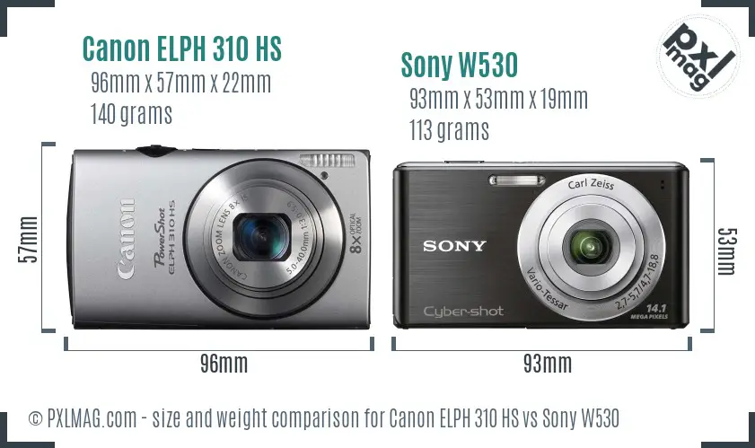 Canon ELPH 310 HS vs Sony W530 size comparison