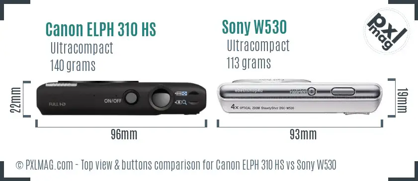 Canon ELPH 310 HS vs Sony W530 top view buttons comparison