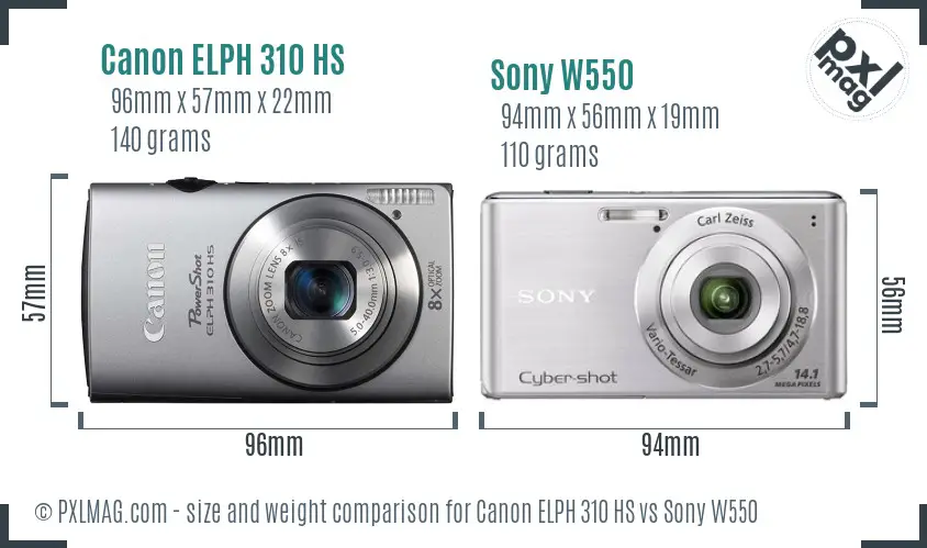 Canon ELPH 310 HS vs Sony W550 size comparison