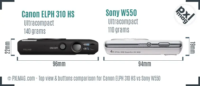 Canon ELPH 310 HS vs Sony W550 top view buttons comparison