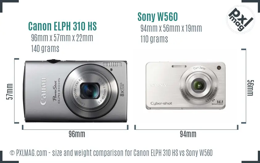 Canon ELPH 310 HS vs Sony W560 size comparison