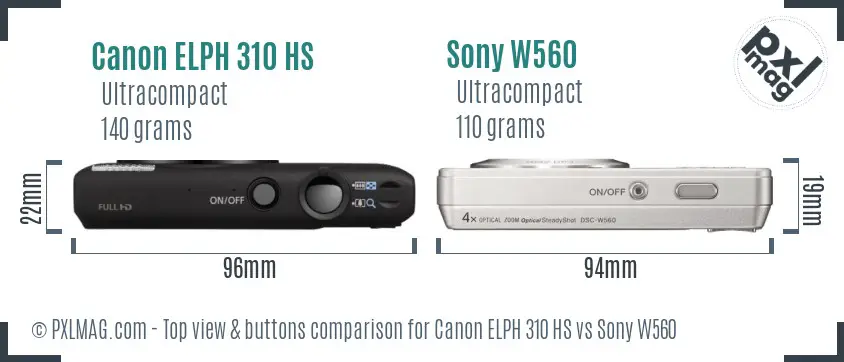 Canon ELPH 310 HS vs Sony W560 top view buttons comparison