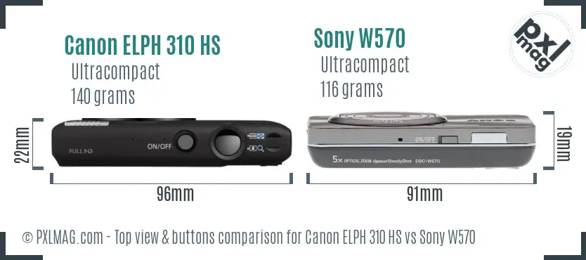 Canon ELPH 310 HS vs Sony W570 top view buttons comparison