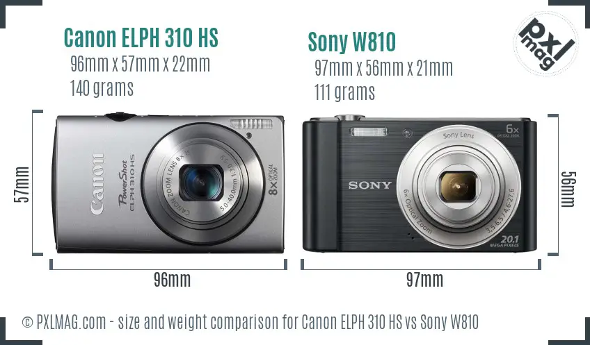Canon ELPH 310 HS vs Sony W810 size comparison