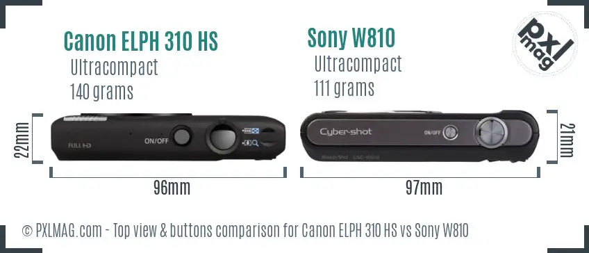 Canon ELPH 310 HS vs Sony W810 top view buttons comparison