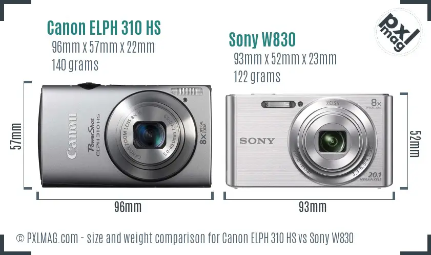 Canon ELPH 310 HS vs Sony W830 size comparison