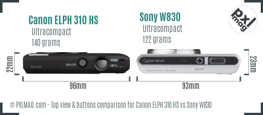 Canon ELPH 310 HS vs Sony W830 top view buttons comparison