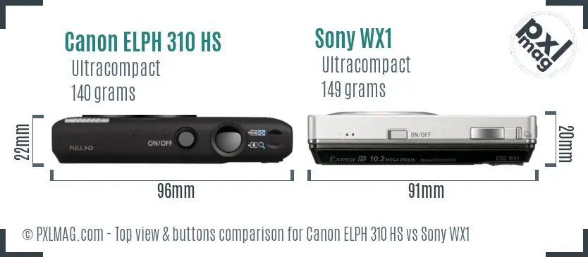 Canon ELPH 310 HS vs Sony WX1 top view buttons comparison