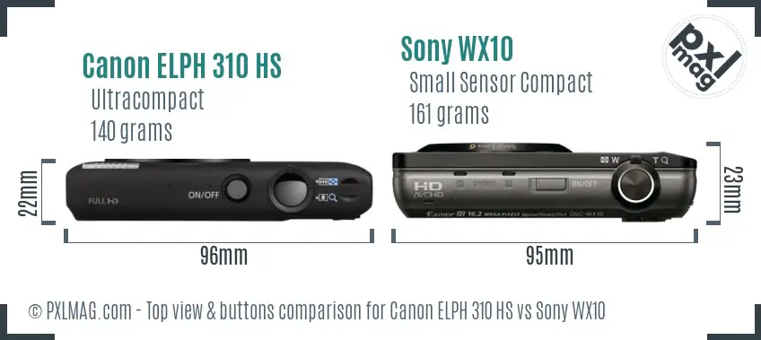 Canon ELPH 310 HS vs Sony WX10 top view buttons comparison