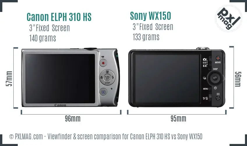 Canon ELPH 310 HS vs Sony WX150 Screen and Viewfinder comparison