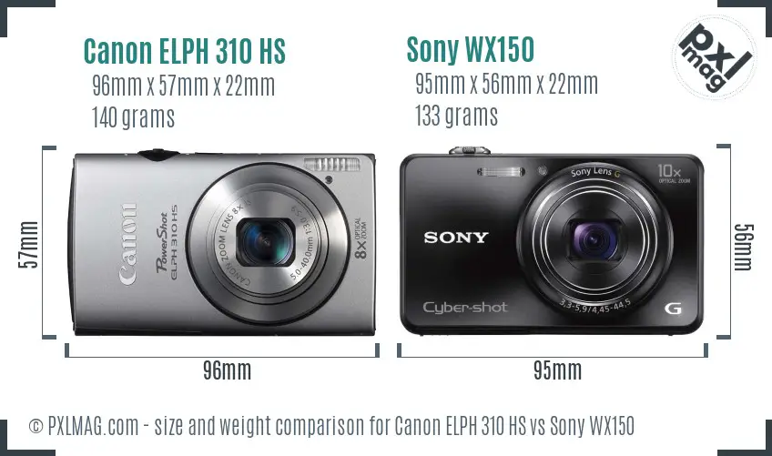 Canon ELPH 310 HS vs Sony WX150 size comparison