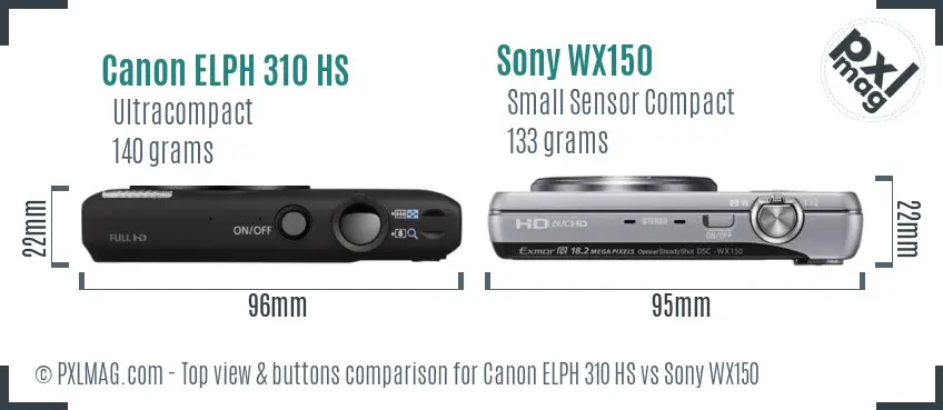 Canon ELPH 310 HS vs Sony WX150 top view buttons comparison