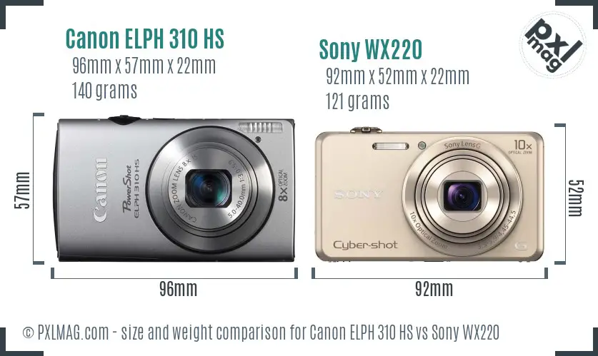 Canon ELPH 310 HS vs Sony WX220 size comparison