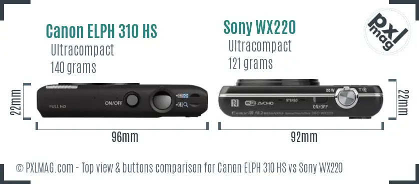 Canon ELPH 310 HS vs Sony WX220 top view buttons comparison