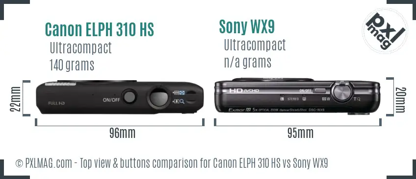 Canon ELPH 310 HS vs Sony WX9 top view buttons comparison