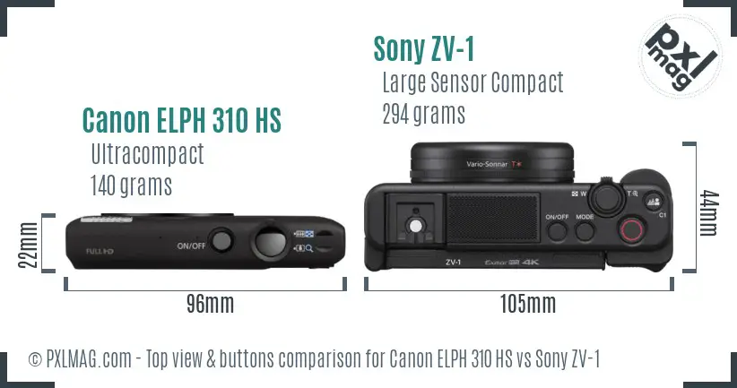 Canon ELPH 310 HS vs Sony ZV-1 top view buttons comparison